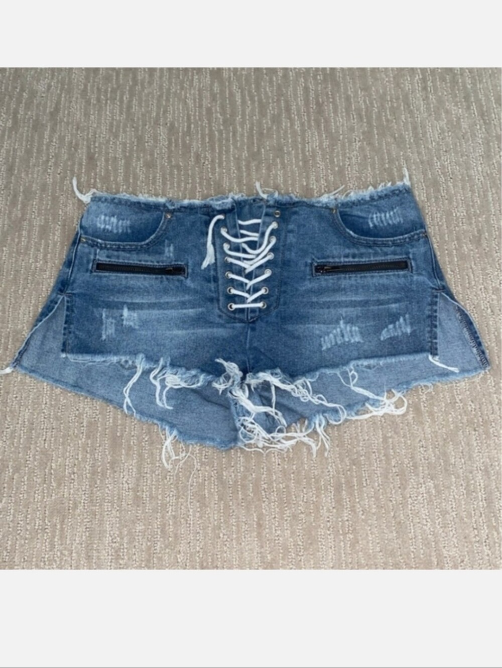 F21 Distressed Denim Blue Jean Shorts Lace-up, Frayed Waist, Raw Hem, Side Slit